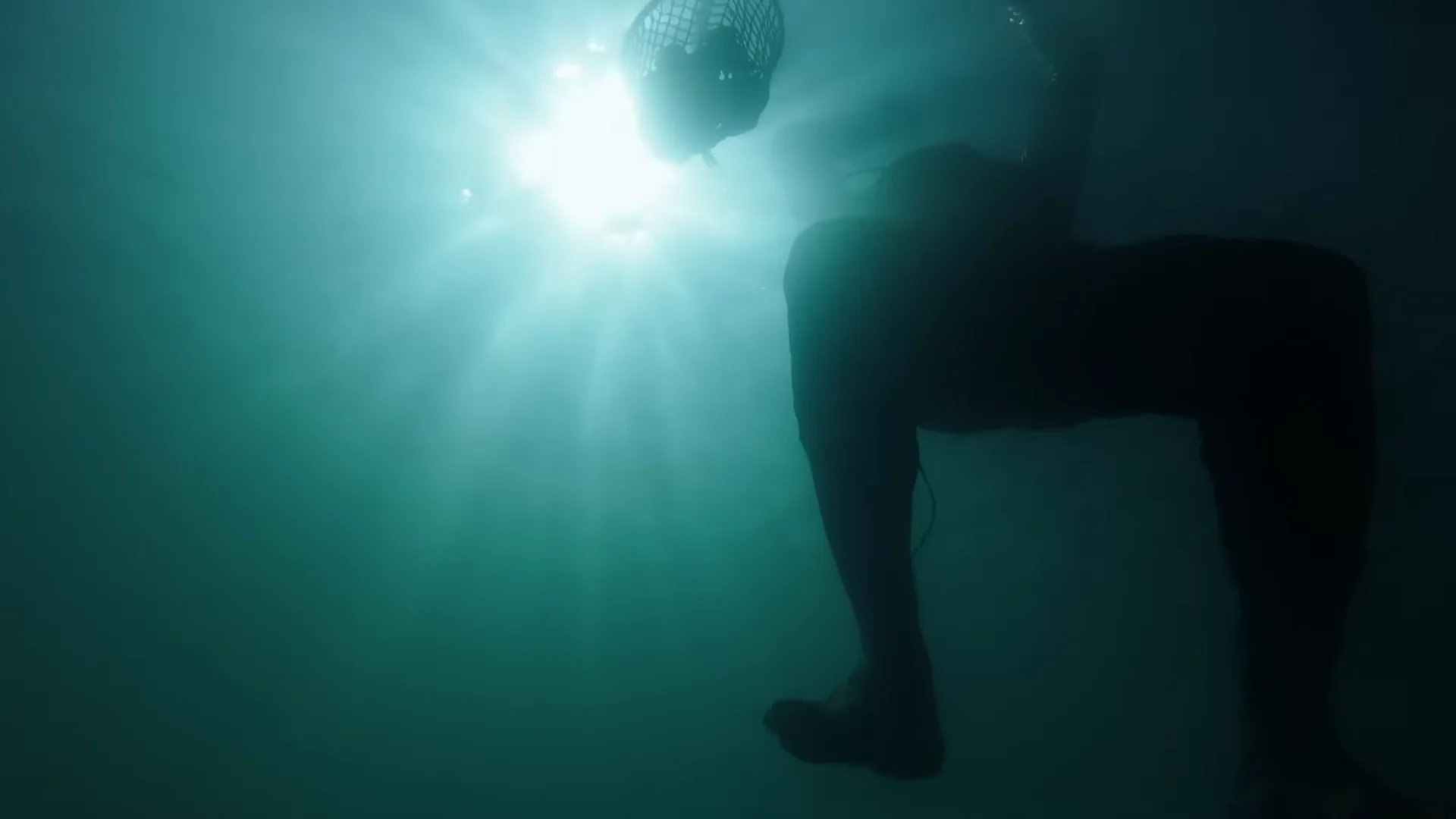Underwater diver silhouetted against sunlight in OH YAMAL